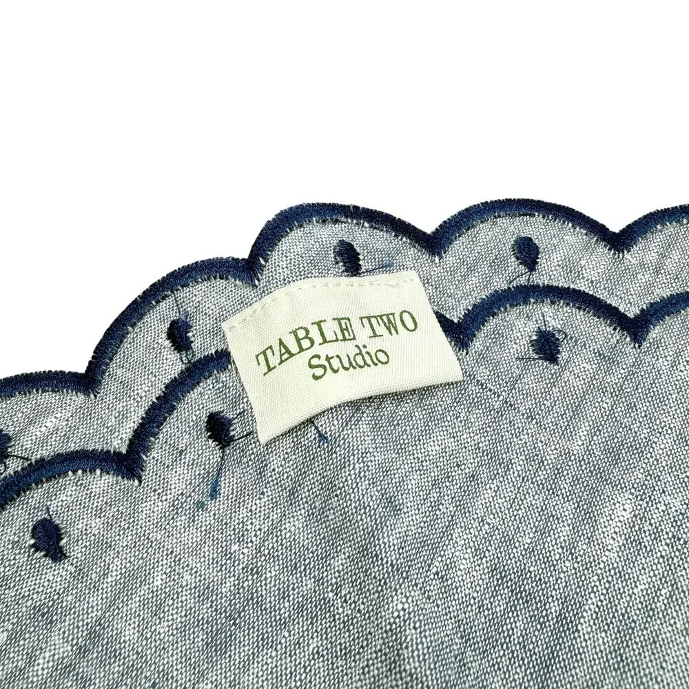 Table Two Studio Avalon Placemat Set Embroidered Chambray Linen Scalloped